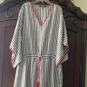 Lauren Ralph Lauren Black and White Striped Caftan with Red Trim